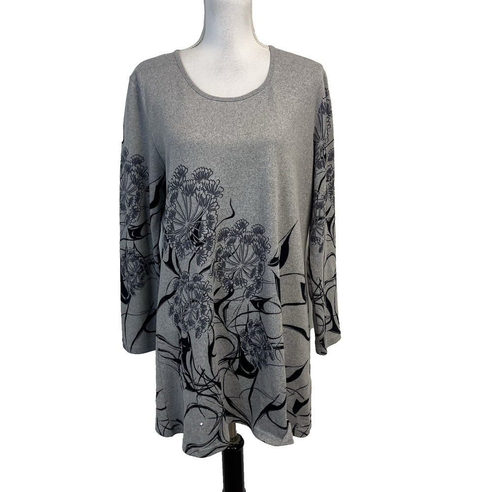 Variations Sweater Top Tunic Women's Size XL Gray Black Floral Stretch Boho